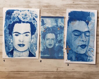 Cyanotype Frida Kahlo inspiration, bleu et or, A6 et A5