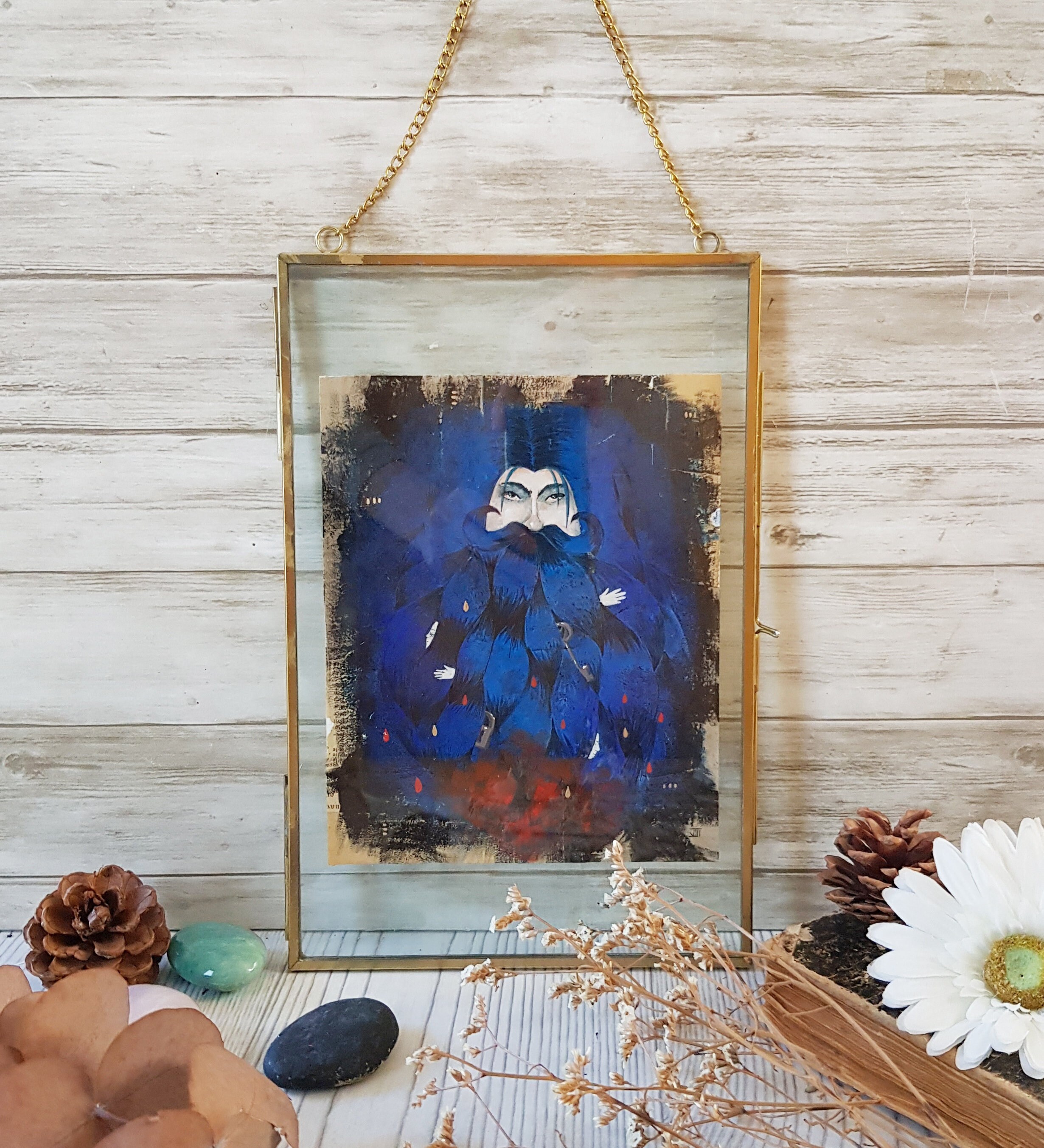 Illustration Conte Barbe Bleue, Peinture Acrylique, Collage et Dorure sur Papier 16, 5x20, 5cm