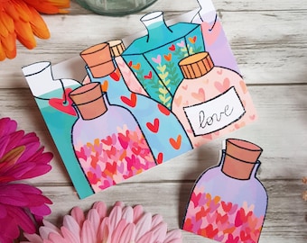 Cartes postales doubles amour fiole potion maîtresse nounou atsem, format A6