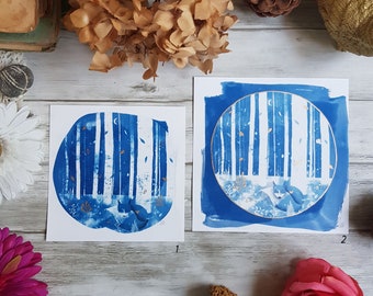 Cyanotype forêt renard, sur papier, bleu et or  13x13cm et 15x15cm
