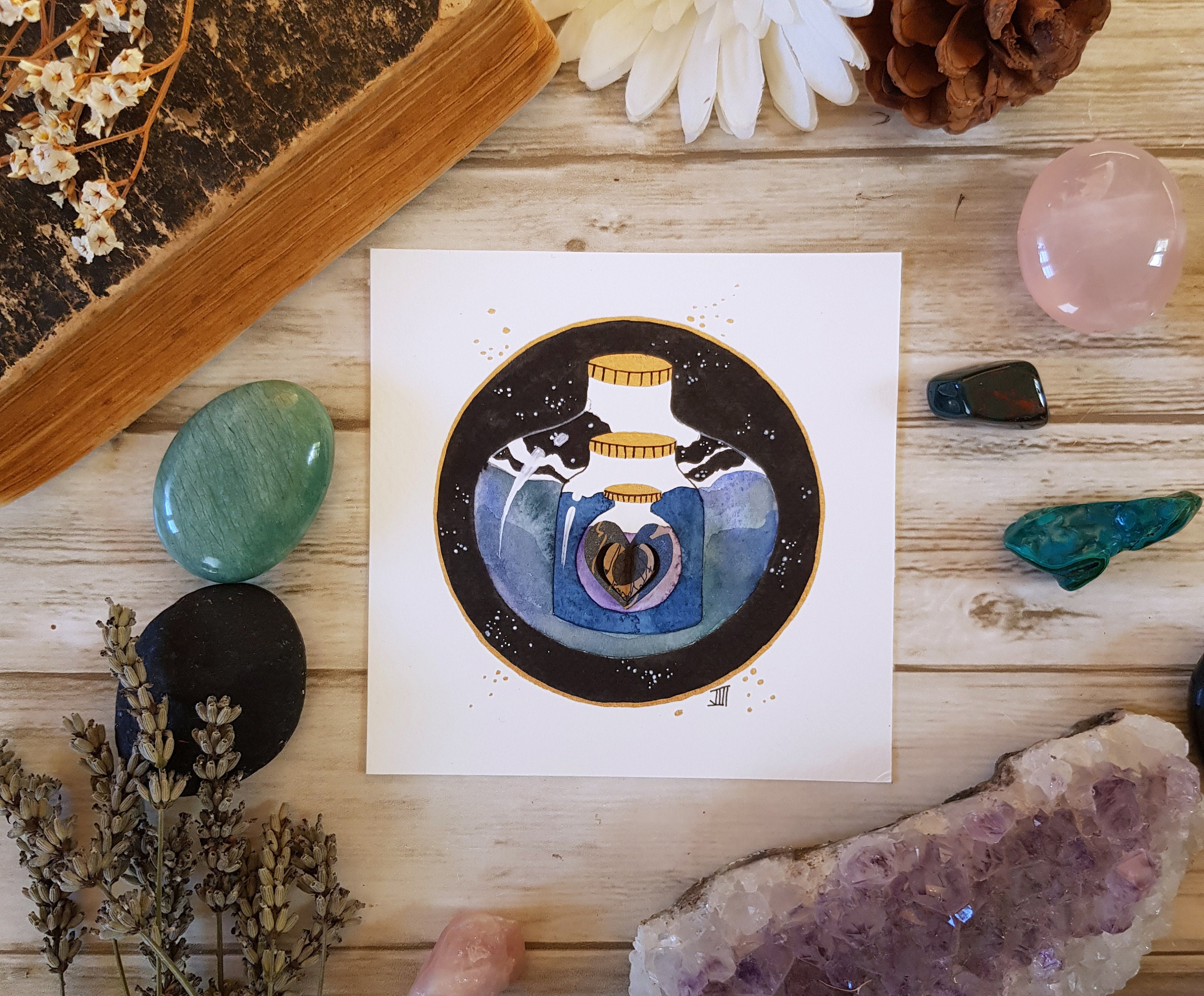 Inktober #12 Illustration Encre, Aquarelle et Dorure Coeur en Relief sur Papier 13x13cm