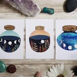 Cartes postales fioles magie lune plantes format A6