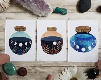 Cartes postales fioles magie lune plantes format A6