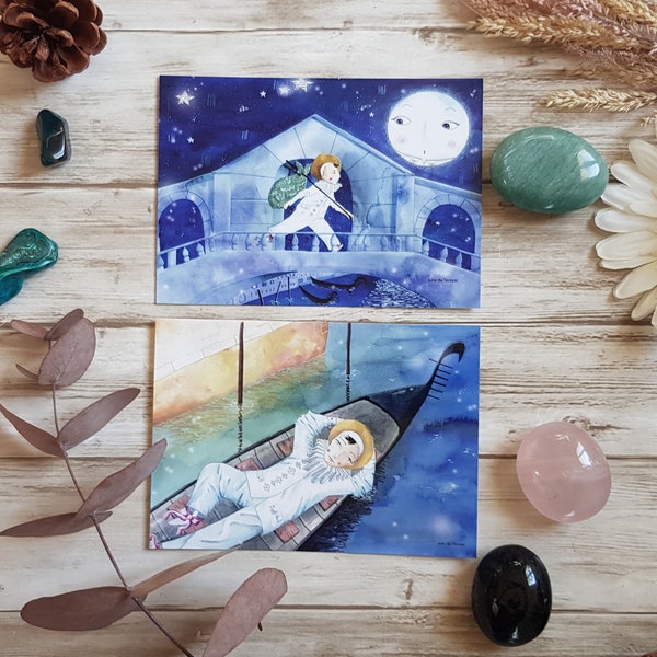 Cartes postales aquarelle Pierrot format A6
