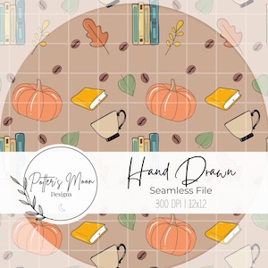 Bookish Coffee Cozy Fall Seamless Pattern 300 DPI PNG Instant Download Digital Papers Vinyl Fabric