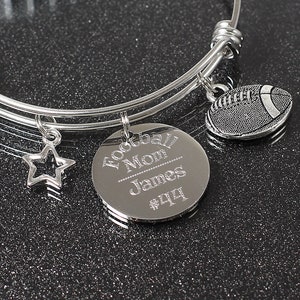 Football Mom Charm bracelet, custom engraved mom gift, football bangle bracelet with charms, football expandable bangle bracelet for women