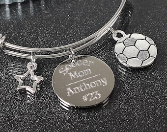 Soccer Mom Charm bracelet, custom engraved mom gift, soccer bangle bracelet with charms, soccer expandable bangle bracelet for women