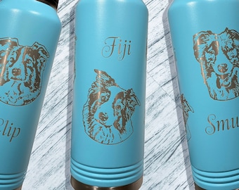 Pet Photo Water Bottle with straw, personalized picture gift, custom dog portrait, engraved insulated travel bottle for pet lover