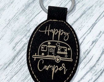 Happy Camper Keychain, travel trailer gift, personalized camping key chain, custom engraved vegan leather keychain, RV accessories