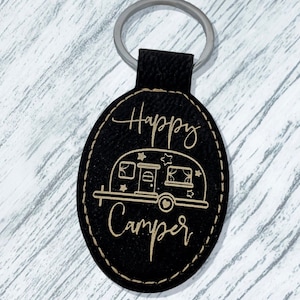 Happy Camper Keychain, travel trailer gift, personalized camping key chain, custom engraved vegan leather keychain, RV accessories