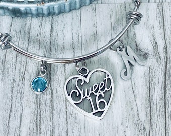 Custom Sweet 16 bracelet, birthday bangle bracelet with charms, sweet sixteen gift, birthday jewelry for granddaughter, niece, daughter