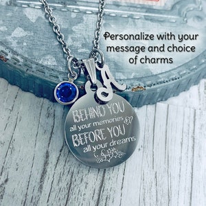Custom Engraved Necklace personalized with choice of message & charms, design your own gift jewelry, custom engraved charm necklace
