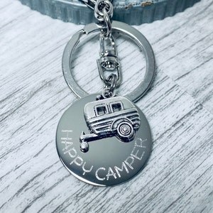 Custom engraved key chain, personalized camping gift, happy camper RV travel trailer gift, happy camper charm key chain, custom engraving