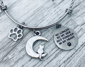 Cat Memorial Bracelet, pet loss jewelry, pet memorial gift, cat loss charm bracelet, pet sympathy gift,no longer by my side forever in heart