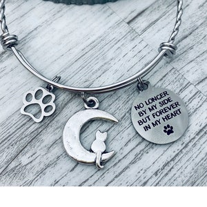 Cat Memorial Bracelet, pet loss jewelry, pet memorial gift, cat loss charm bracelet, pet sympathy gift,no longer by my side forever in heart