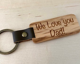 Father's Day Gift, Personalized Keychain for Dad, custom engraved wood key tag with leather strap, husband gift for him, 5th anniversary