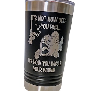 Funny Fishing Tumbler, custom engraved dad coffee mug, large mouth bass and worm travel mug for brother, personalized gift for daddy or son