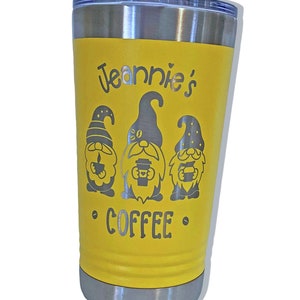 Gnome Travel Mug, personalized coffee tumbler custom engraved, Gnome personalized gift, custom insulated travel mug with lid