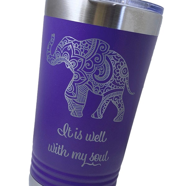 Elephant Tumbler, custom engraved coffee mug, water bottle or tumbler with lid, elephant personalized gift, insulated travel mug