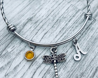 Dragonfly Bracelet, personalized jewelry gift, dragonfly charm bracelet for women, dragonfly bangle bracelet with charms, dragonfly jewelry