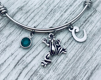 Frog Charm Bracelet, personalized frog jewelry, frog charm bracelet gift, frog bangle bracelet with charms, frog bracelet for women