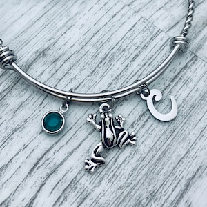 Frog Charm Bracelet, personalized frog jewelry, frog charm bracelet gift, frog bangle bracelet with charms, frog bracelet for women