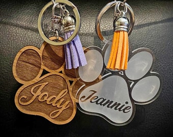 Paw Print Keychain with Tassel, custom engraved with name, choice of wood or acrylic key tag, personalized key chain gift w/ colorful tassel