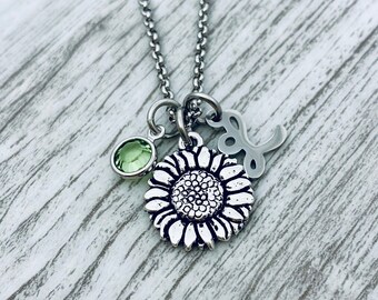 Charm Necklace, sunflower inspirational jewelry, personalized gift for women, custom charm necklace, birthstone crystal and letter charm