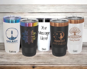 Custom tumbler with your message, rainbow, gold, and ghost black, 22oz skinny tumbler with lid, 20oz coffee travel mug personalized gift