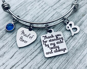 Maid of Honor charm bracelet, Matron on Honor gift, Bridesmaid bangle bracelet charms, thank you for standing by my side bridal party gift