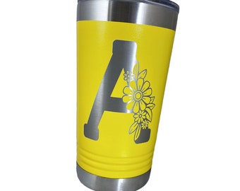 Initial Tumbler, personalized monogram letter with flowers, custom engraved coffee mug, size choice, tumbler with lid, insulated travel mug