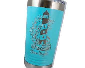 Lighthouse Tumbler, custom engraved coffee mug, personalized gift tumbler with lid, floral light house stainless steel insulated travel mug
