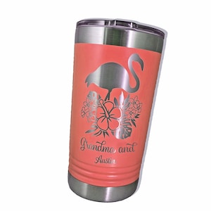 Flamingo Tumbler, custom engraved coffee mug, personalized tropical gift, tumbler with lid, flamingo stainless steel insulated travel mug
