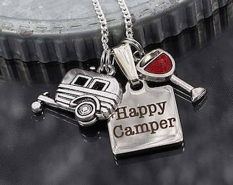 Happy Camper Necklace, camping gift, glamping jewelry, rv travel trailer charm necklace, wine glass charm