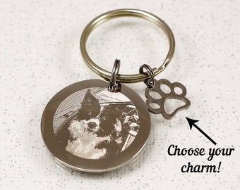 Photo Key Chain, engraved keychain, custom portrait photo keepsake, remembrance gift, engraved pendant picture charm with choice of charm