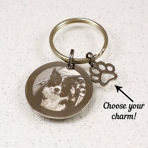 Photo Key Chain, engraved keychain, custom portrait photo keepsake, remembrance gift, engraved pendant picture charm with choice of charm