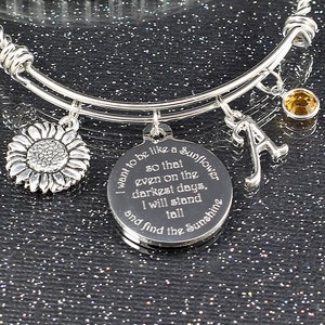 Sunflower Bracelet Gift, personalized motivational jewelry, sunflower encouragement charm bracelet for women, inspirational bangle bracelet