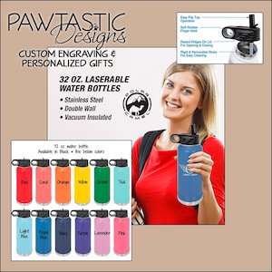 Puede incluir: Botellas de agua grabables con l&aacute;ser de 32 oz (aproximadamente 946 ml) en varios colores, como rojo, naranja y turquesa. Las botellas son de acero inoxidable, de doble pared y con aislamiento al vac&iacute;o. Una mujer sostiene una botella azul.
