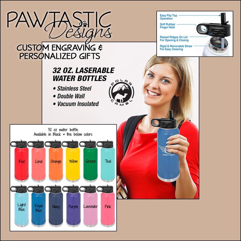 Puede incluir: Botellas de agua grabables con l&aacute;ser de 32 oz (aproximadamente 946 ml) en varios colores, como rojo, naranja y turquesa. Las botellas son de acero inoxidable, de doble pared y con aislamiento al vac&iacute;o. Una mujer sostiene una botella azul.