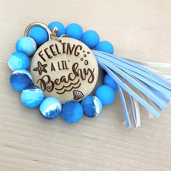 Beach Ocean Keychain Wristlet, custom key tag w/ blue tassel, personalized gift, feeling a lil beachy silicone beaded wristlet