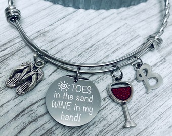 Toes in the sand wine in my hand girls beach vacation gift, BFF charm bracelet, bangle bracelet with charms, personalized gift for women