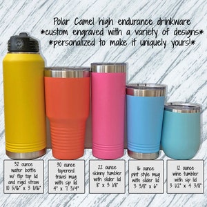 Puede incluir: Una colecci&oacute;n de vasos Polar Camel en varios colores, incluyendo una botella de agua amarilla, un termo naranja, un vaso delgado rosa, una taza estilo pinta azul y un vaso de vino azul claro. El texto dice "Polar Camel high endurance drinkware" e incluye detalles de tama&ntilde;o.