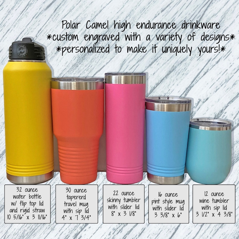 Puede incluir: Una colecci&oacute;n de vasos Polar Camel en varios colores, incluyendo una botella de agua amarilla, un termo naranja, un vaso delgado rosa, una taza estilo pinta azul y un vaso de vino azul claro. El texto dice "Polar Camel high endurance drinkware" e incluye detalles de tama&ntilde;o.
