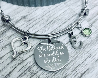 Charm Bracelet She Believed She Could so she did encouragement bracelet with charms, inspirational jewelry, graduation bangle bracelet gift