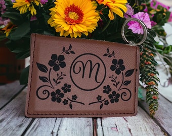 Monogram Keychain Wallet, custom ID holder, personalized monogram wallet for women, vegan leather keychain purse with window ID card holder