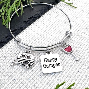 Happy Camper Bracelet, camping gift, charm bracelet glamping jewelry, RV travel trailer, happy camper jewelry, camping charm bracelet gift