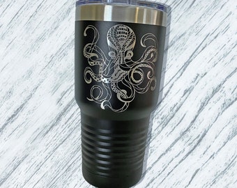 Octopus Mug, custom engraved tumbler, kraken personalized gift, octopus stainless steel insulated travel mug, custom kraken coffee tumbler