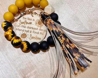 Sunflower Keychain Wristlet, custom engraved inspirational key tag with sunflower tassel, personalized motivational gift, beaded wristlet