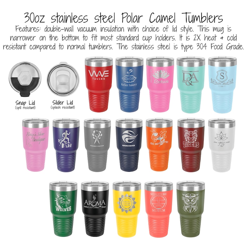 Puede incluir: Una colecci&oacute;n de vasos Polar Camel de acero inoxidable de 887 ml en varios colores, cada uno con un dise&ntilde;o o logotipo &uacute;nico. Incluye aislamiento al vac&iacute;o de doble pared y una selecci&oacute;n de estilos de tapa.