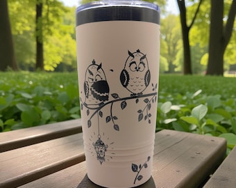 Funny Owls Tumbler, 20oz custom engraved mug with choice of lid style,
